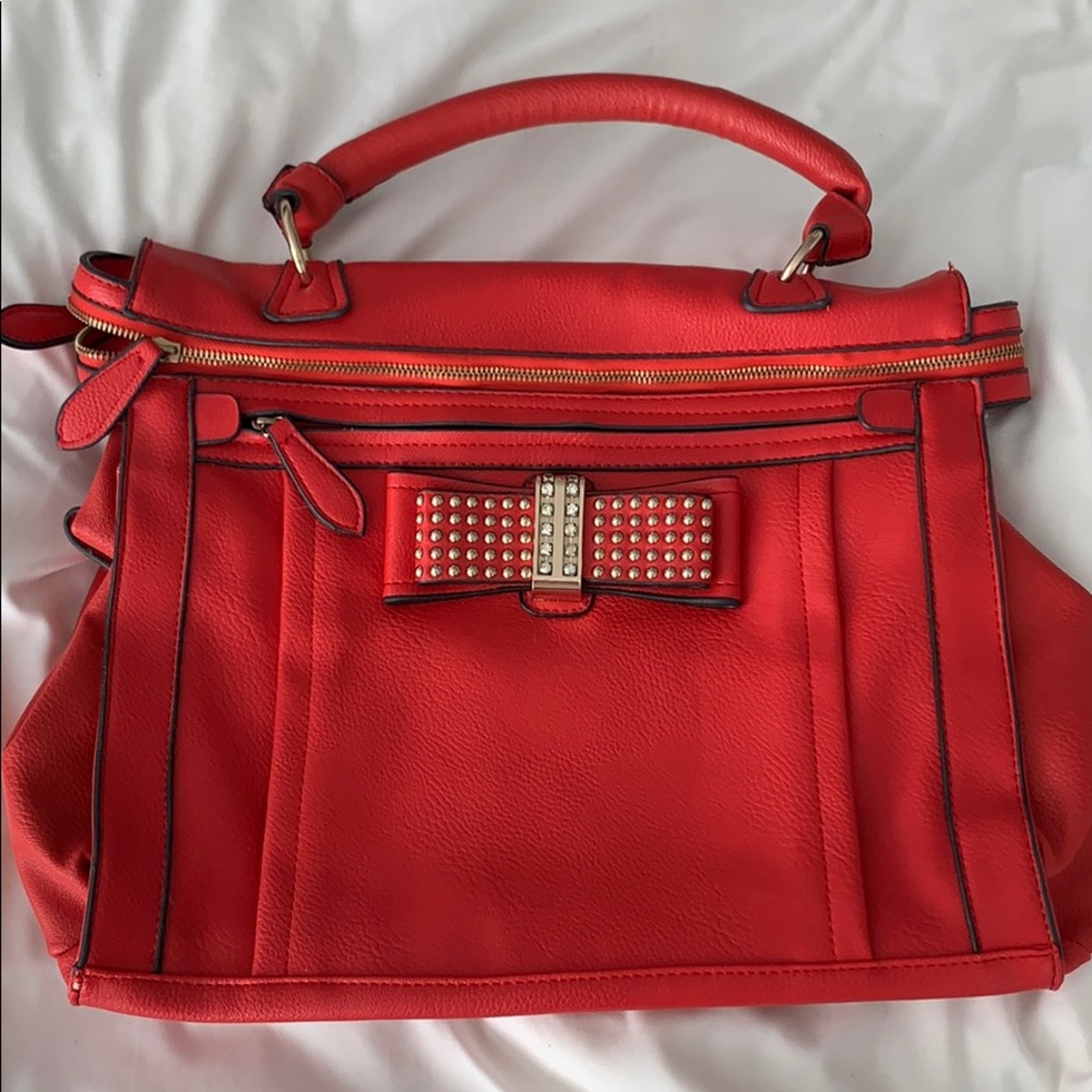 Red Handbag with rhinestone/studded bow detail